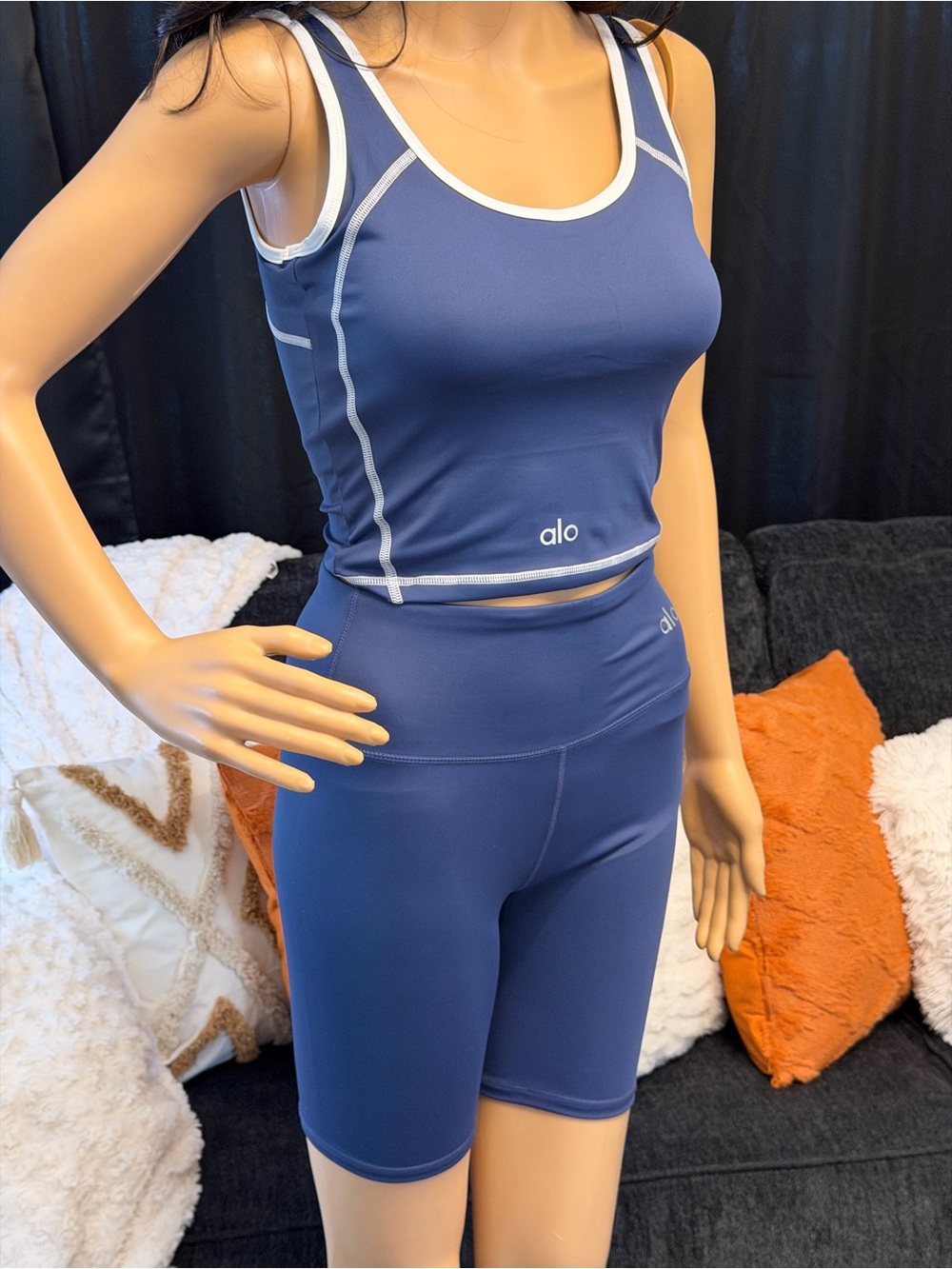 ALO Yoga Navy and White Tank & Bike Short Set - Picture 5 of 9